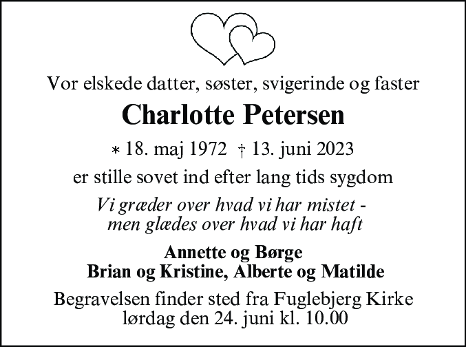 Dødsannonce for Charlotte Petersen
