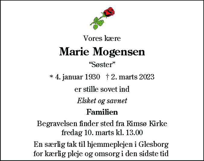 Dødsannonce for Marie Mogensen
