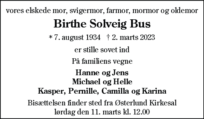 Dødsannonce for Birthe Solveig Bus