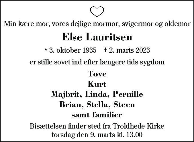 Dødsannonce for Else Lauritsen