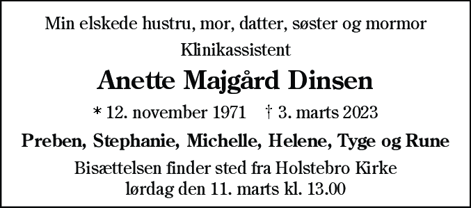 Dødsannonce for Anette Majgård Dinsen
