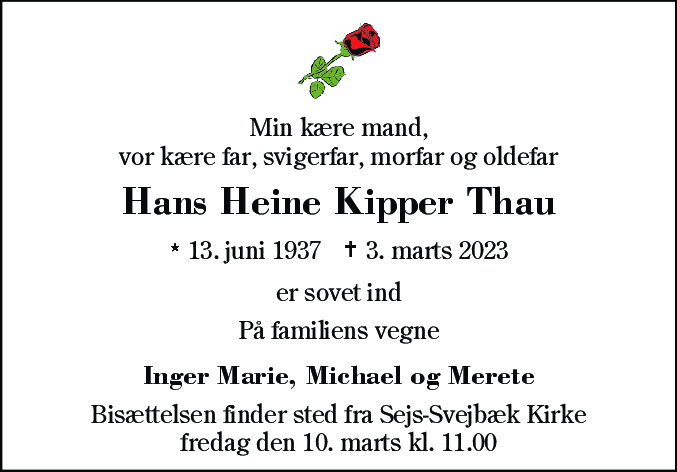 Dødsannonce for Hans Heine Kipper Thau