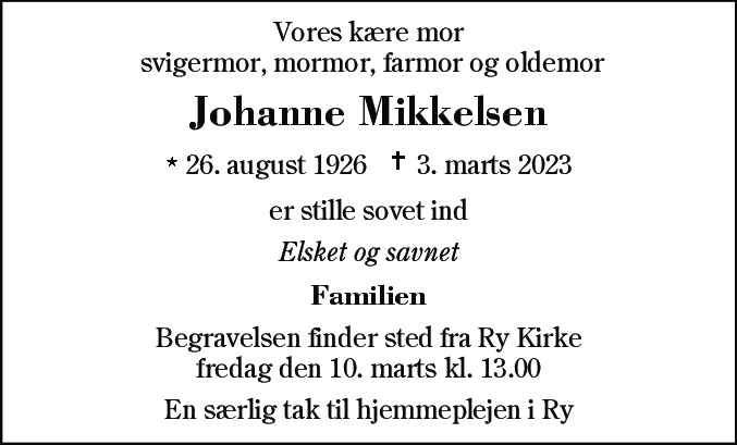 Dødsannonce for Johanne Mikkelsen