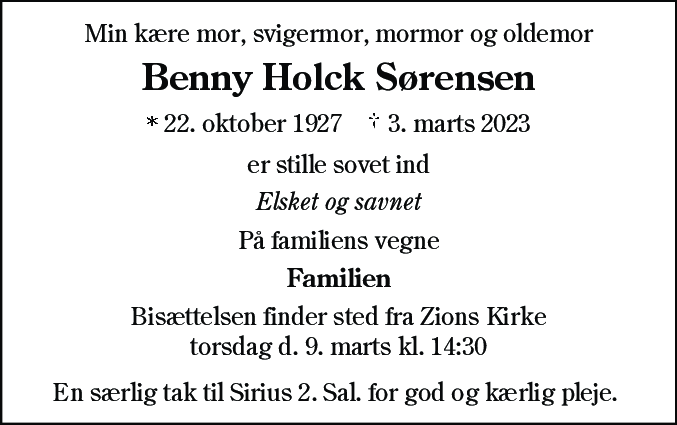 Dødsannonce for Benny Holck Sørensen