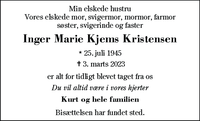 Dødsannonce for Inger Marie Kjems Kristensen