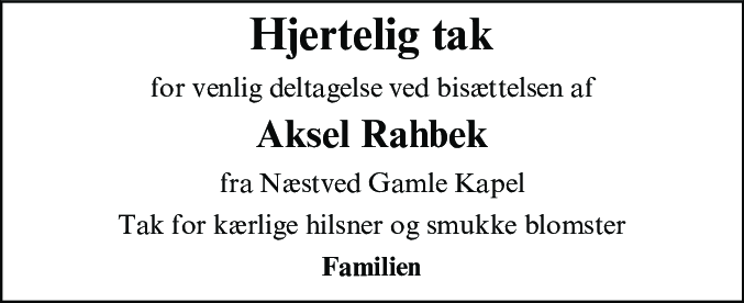 Dødsannonce for Aksel Rahbek