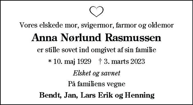 Dødsannonce for Anna Elly Nørlund Rasmussen