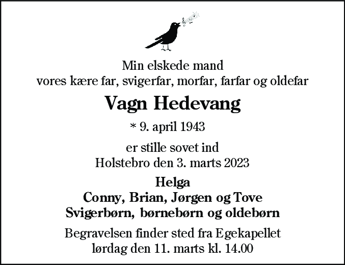 Dødsannonce for Vagn Hedevang