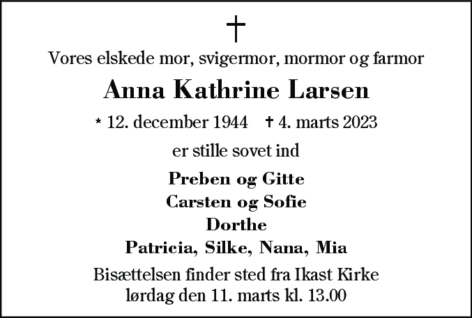 Dødsannonce for Anna Kathrine Larsen