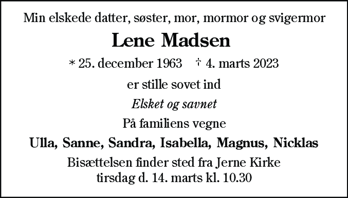 Dødsannonce for Lene Madsen (Jensen)