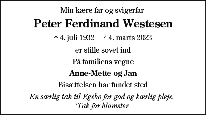 Dødsannonce for Peter Ferdinand Westesen