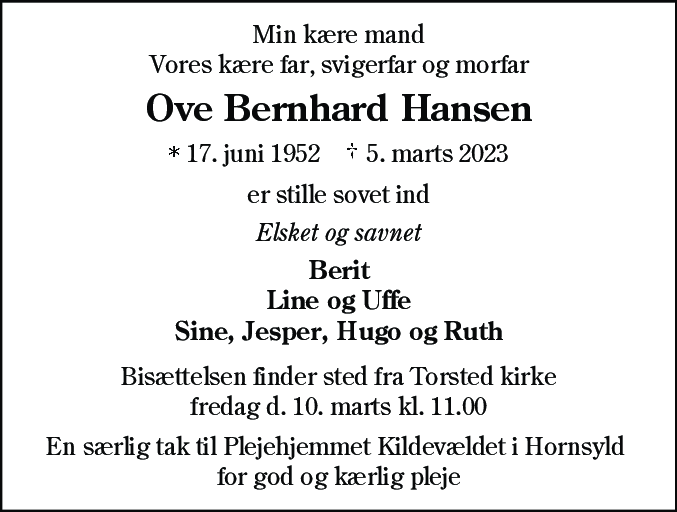 Dødsannonce for Ove Bernhard Hansen