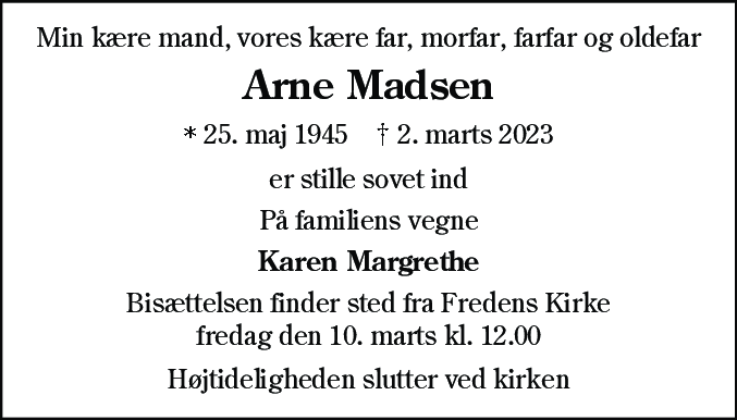 Dødsannonce for Arne Madsen