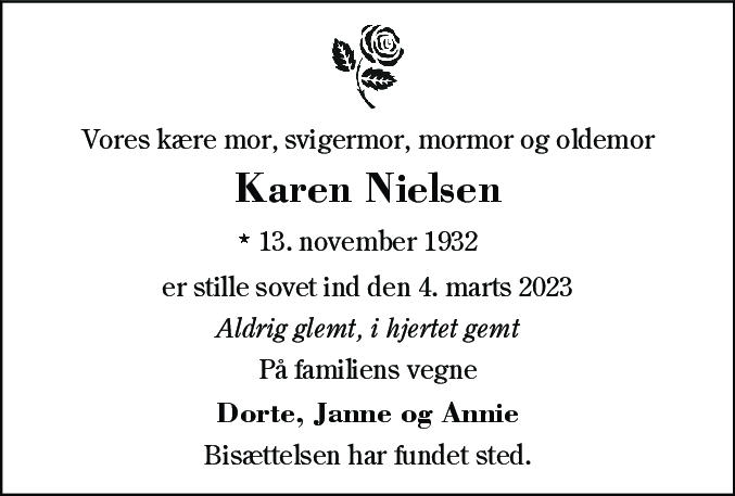 Dødsannonce for Karen Nielsen