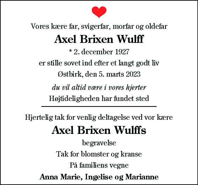 Dødsannonce for Axel Brixen Wulff