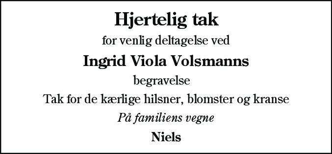 Dødsannonce for Ingrid Viola Volsmann