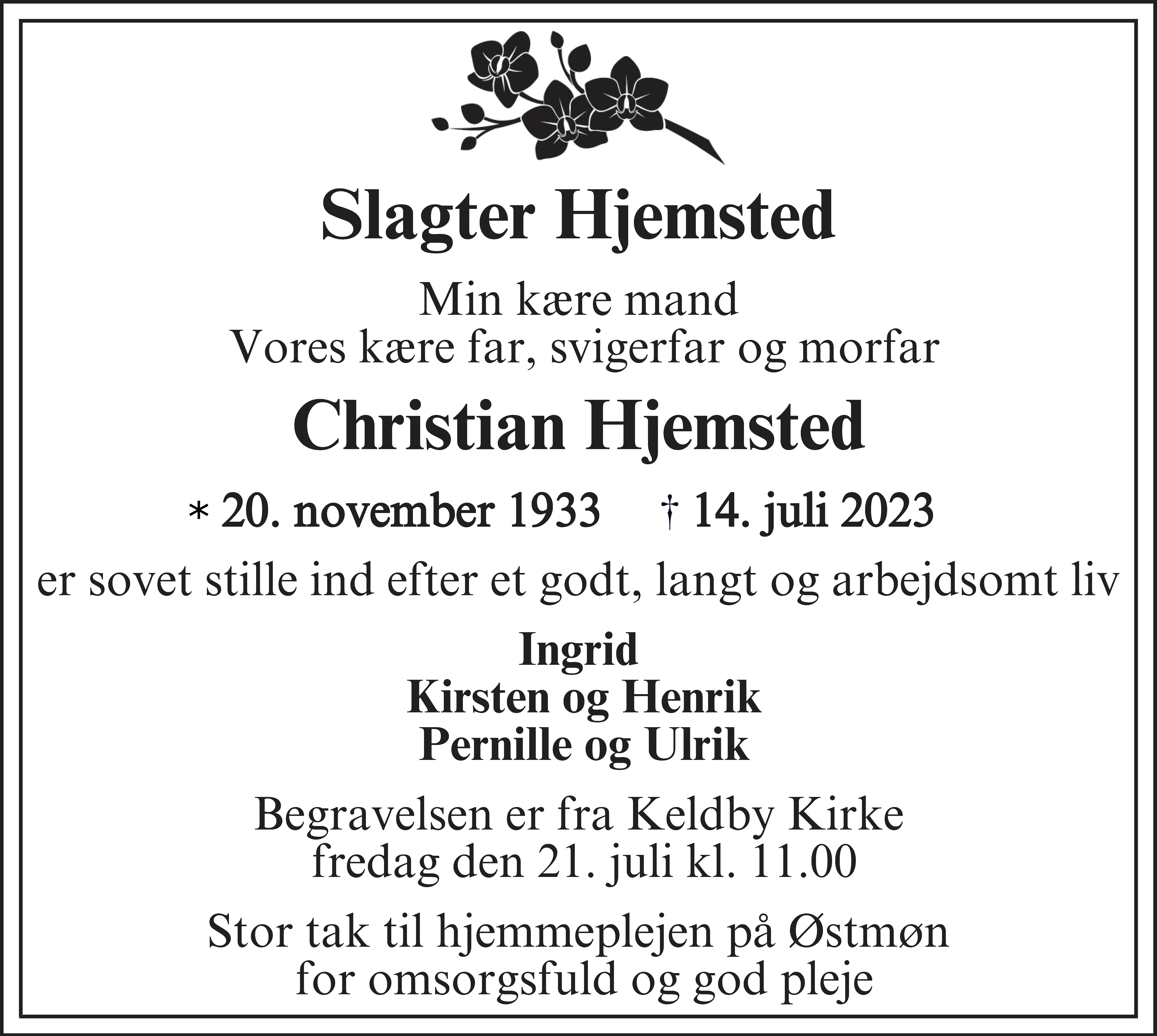 Dødsannonce for Christian Christensen Hjemsted