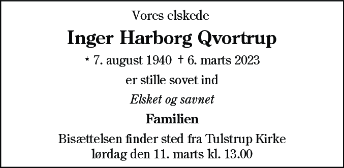 Dødsannonce for Inger Harborg Qvortrup
