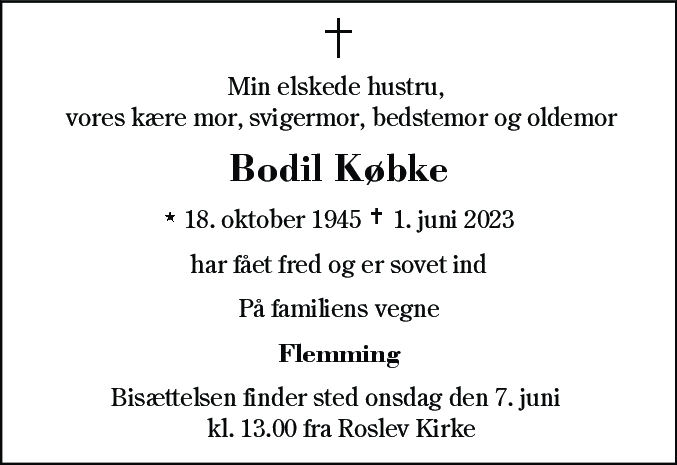 Dødsannonce for Bodil Købke