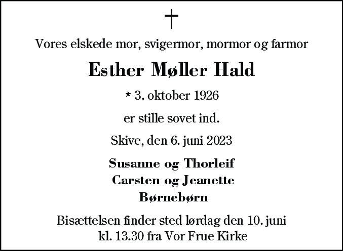 Dødsannonce for Esther Møller Hald