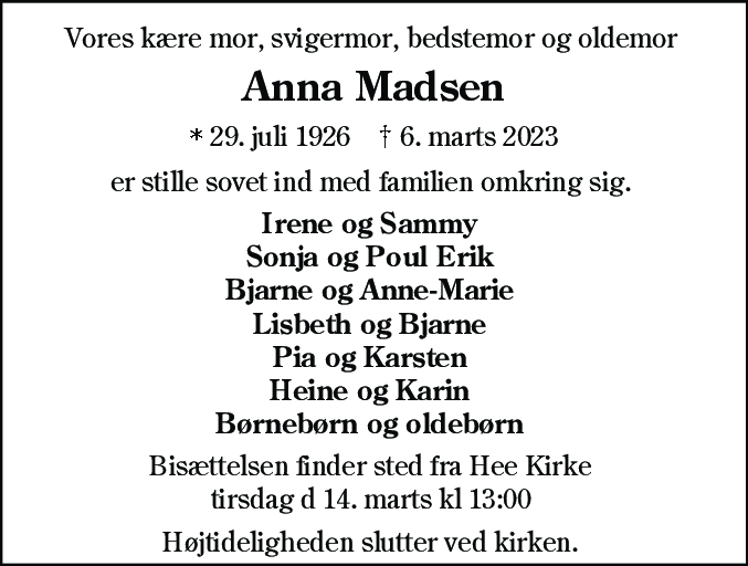 Dødsannonce for Anna Madsen