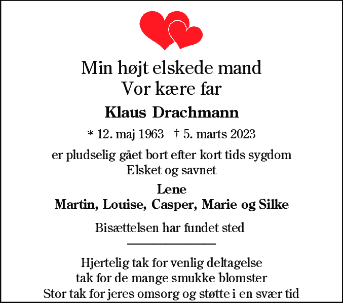 Dødsannonce for Klaus Drachmann