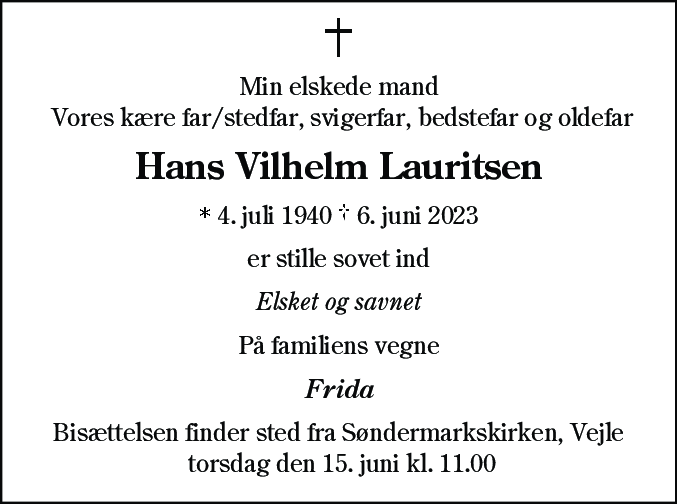 Dødsannonce for Hans Vilhelm Lauritsen
