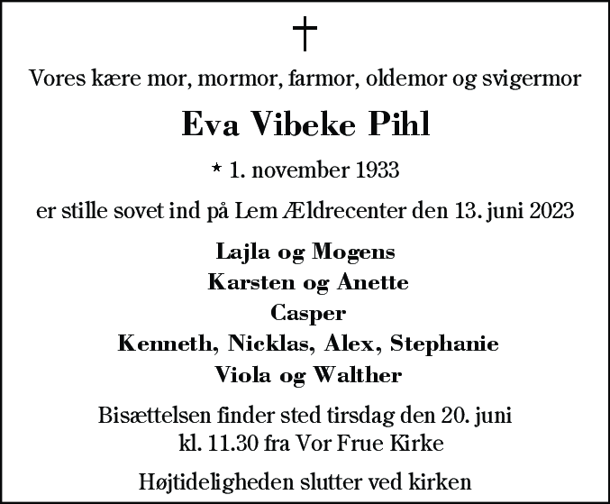 Dødsannonce for Eva Vibeke Pihl
