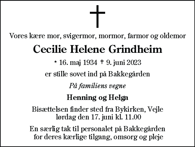 Dødsannonce for Cecilie Helene Grindheim