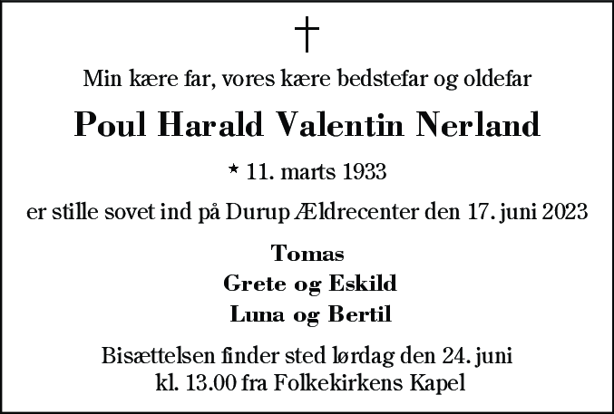 Dødsannonce for Poul Nerland