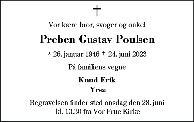 Dødsannonce for Preben Gustav Poulsen