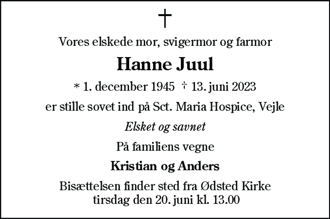 Dødsannonce for Hanne Juul