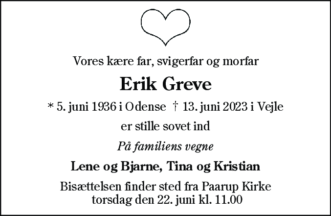 Dødsannonce for Erik Greve
