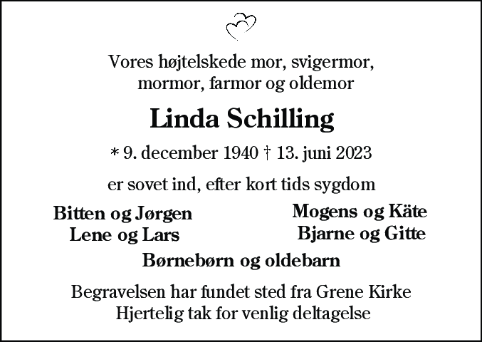 Dødsannonce for Linda Schilling