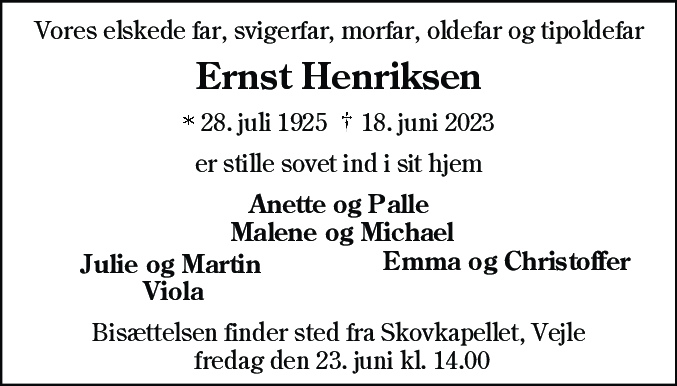Dødsannonce for Ernst Henriksen