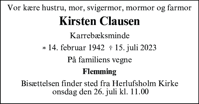 Dødsannonce for Kirsten Margrethe Clausen