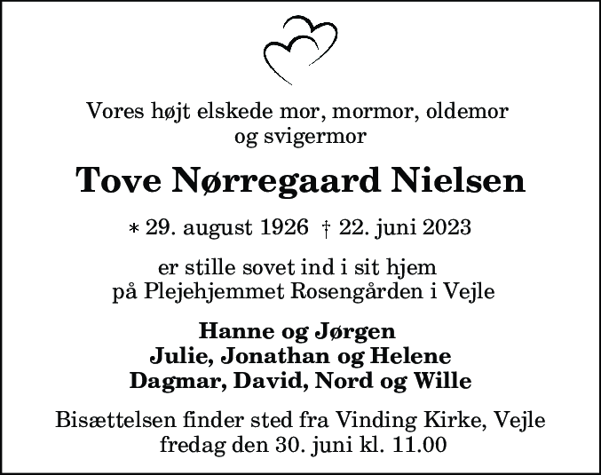 Dødsannonce for Tove Nørregaard Nielsen