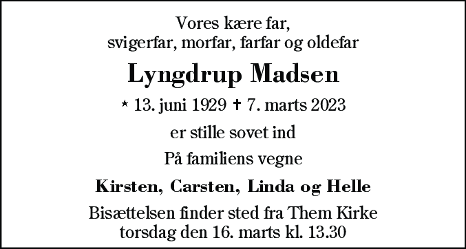 Dødsannonce for Lyngdrup Madsen