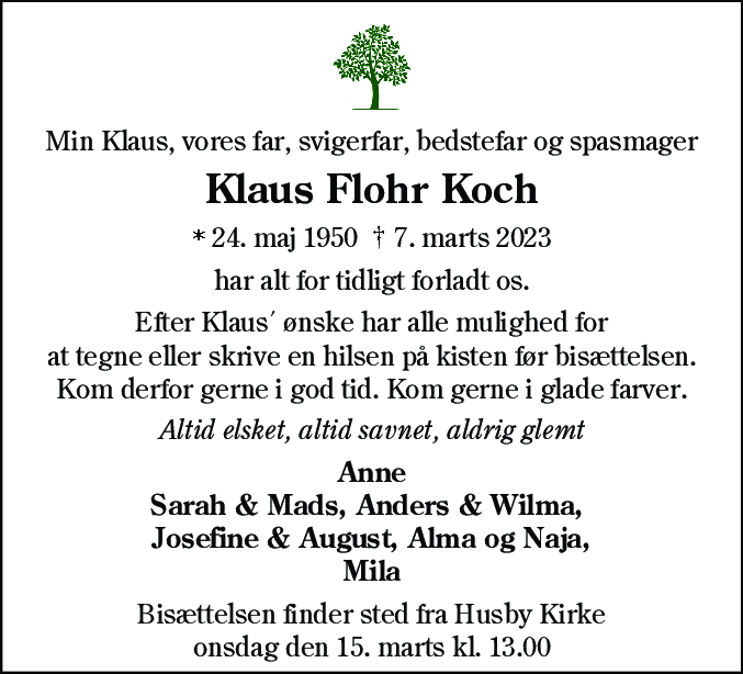 Dødsannonce for Klaus Flohr Koch