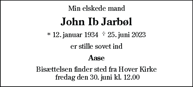 Dødsannonce for John Ib Jarbøl
