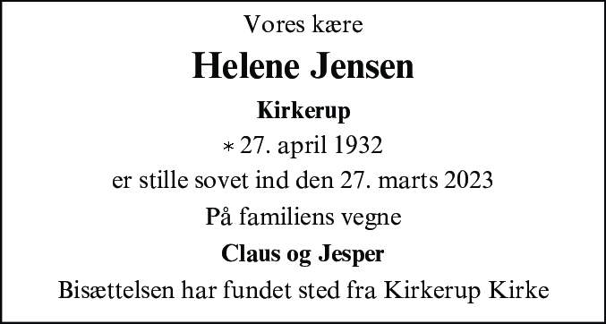 Dødsannonce for Helene Kirstine Jensen