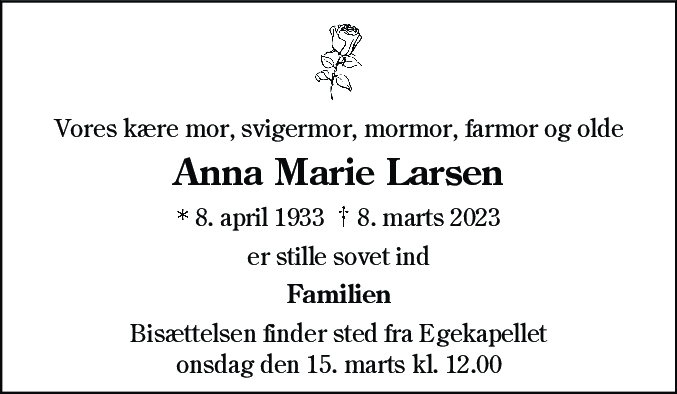Dødsannonce for Anna Marie Larsen