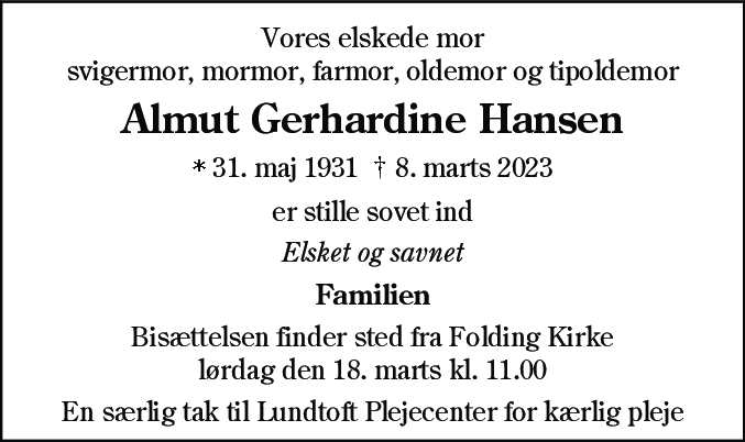 Dødsannonce for Almut Gerhardine Hansen