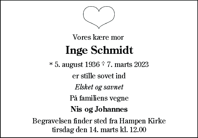 Dødsannonce for Inge Schmidt