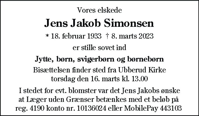 Dødsannonce for Jens Jakob Simonsen