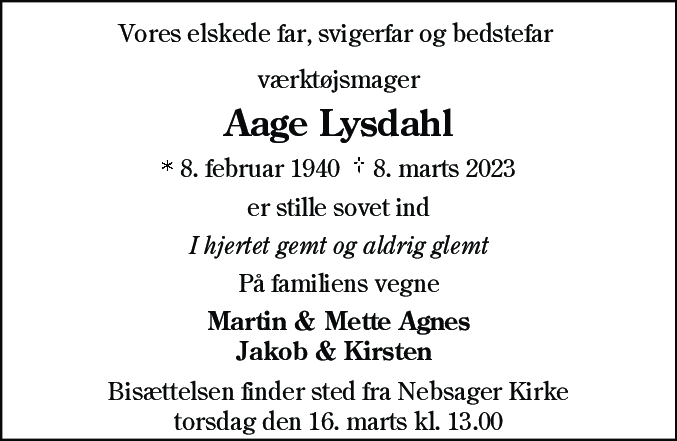 Dødsannonce for Aage Lysdahl