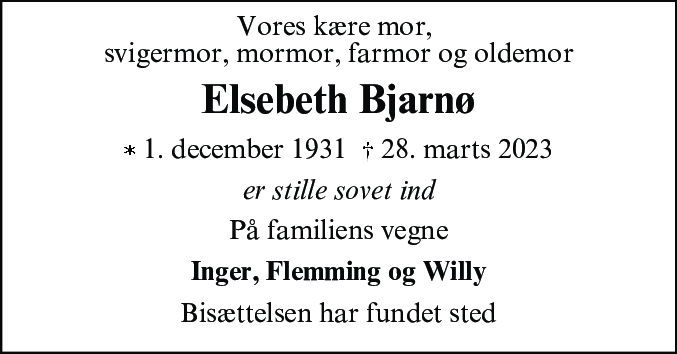 Dødsannonce for Elsebeth Bjarnø