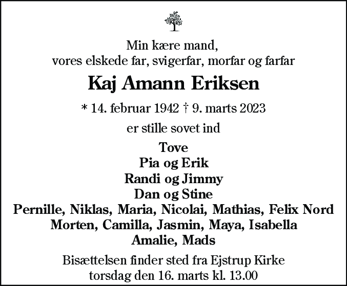 Dødsannonce for Kaj Amann Eriksen