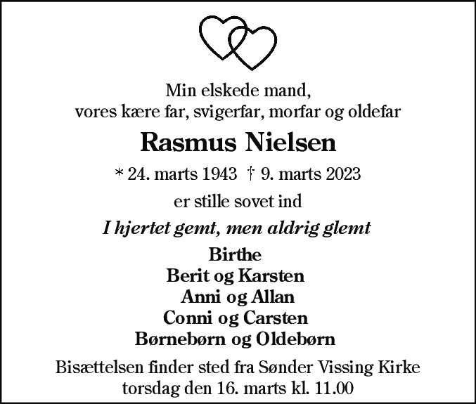 Dødsannonce for Rasmus Nielsen