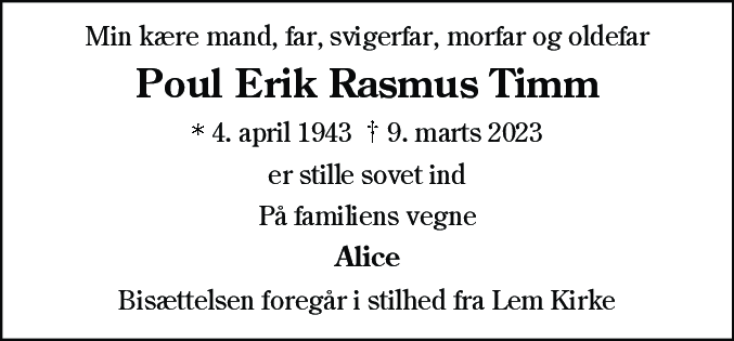 Dødsannonce for Poul Erik Rasmus Timm